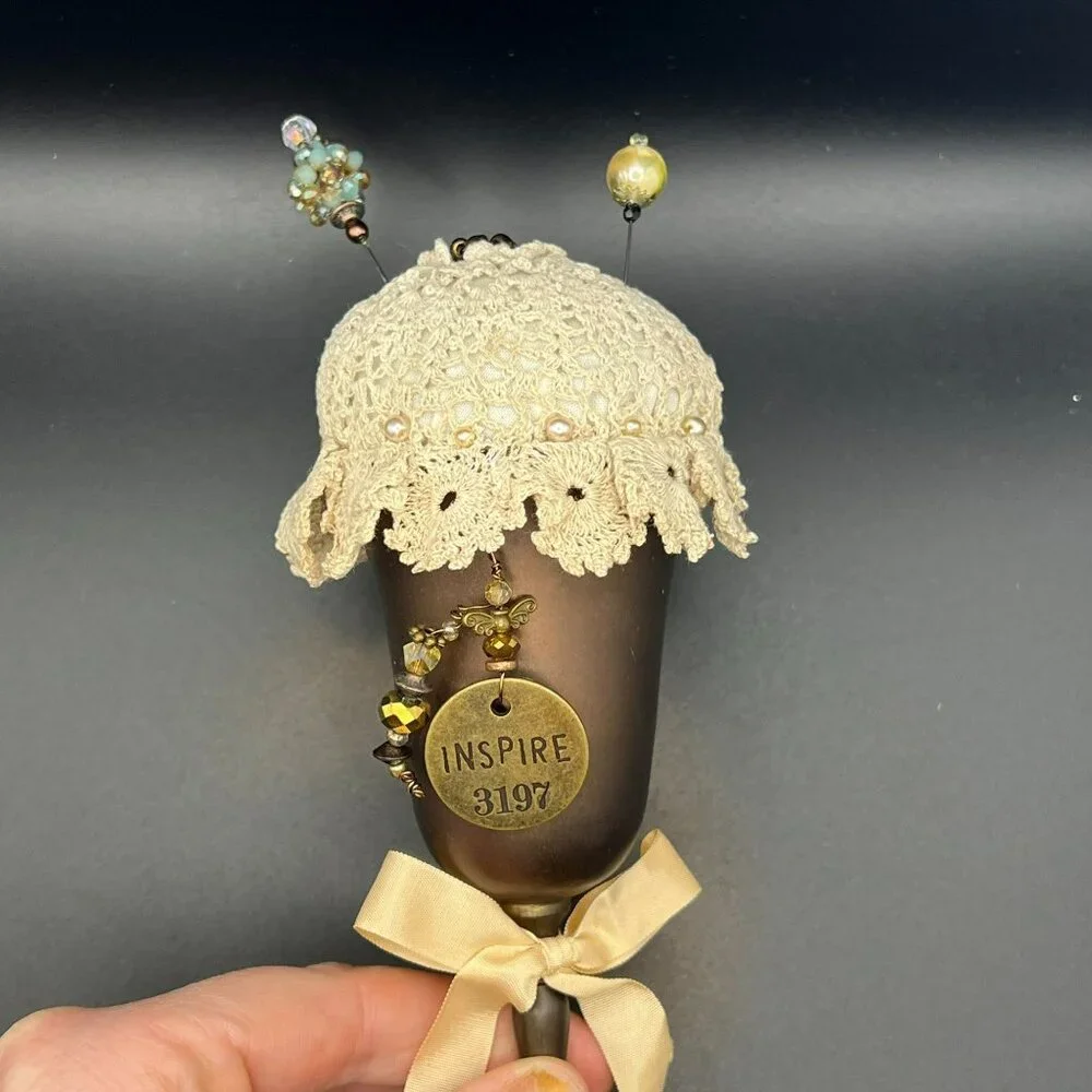 Vintage Copper Goblet Upcycled‎ to Pin Cushion vintage Doily Beads